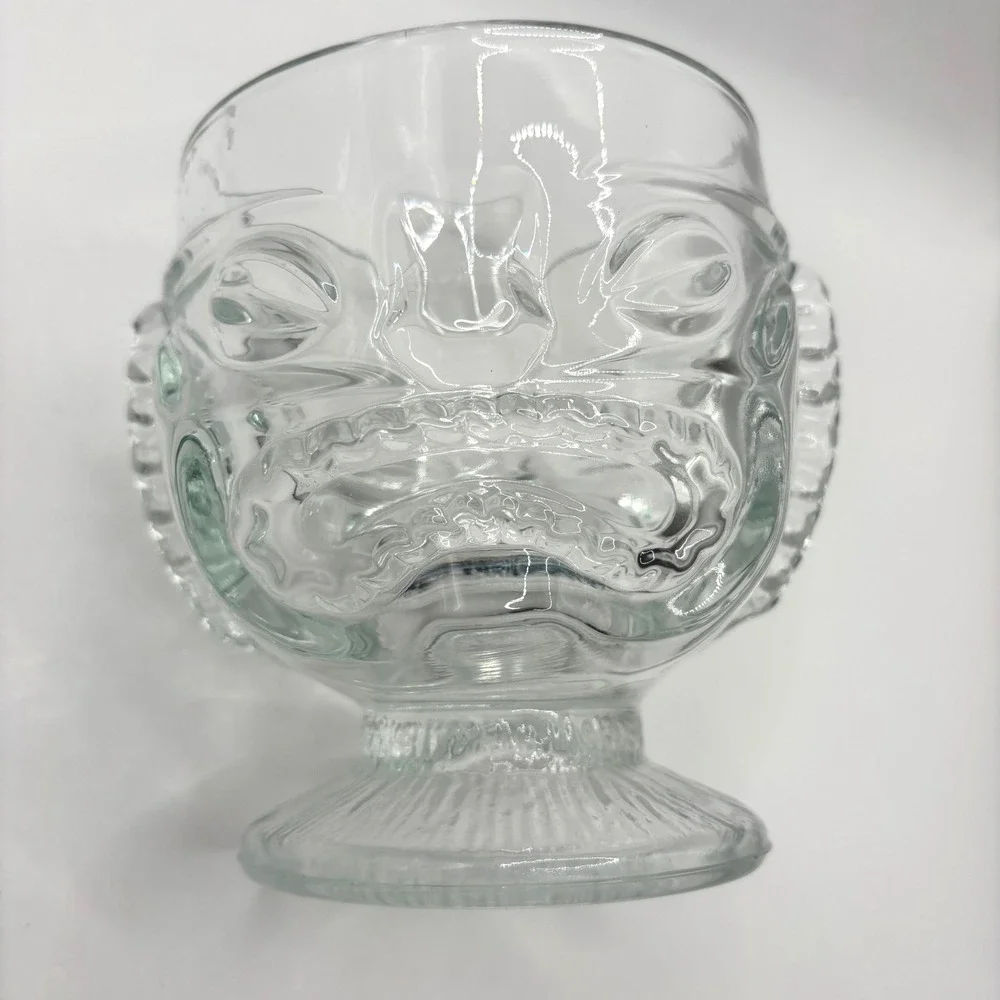 Vintage Clear Glass Tiki Mug Embossed Face Pedestal Cocktail Barware Glass 12oz